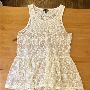 Express S/M Sheer Mesh Ivory Cream Lace Babydoll Tank Top Camisole Y2K Fairy